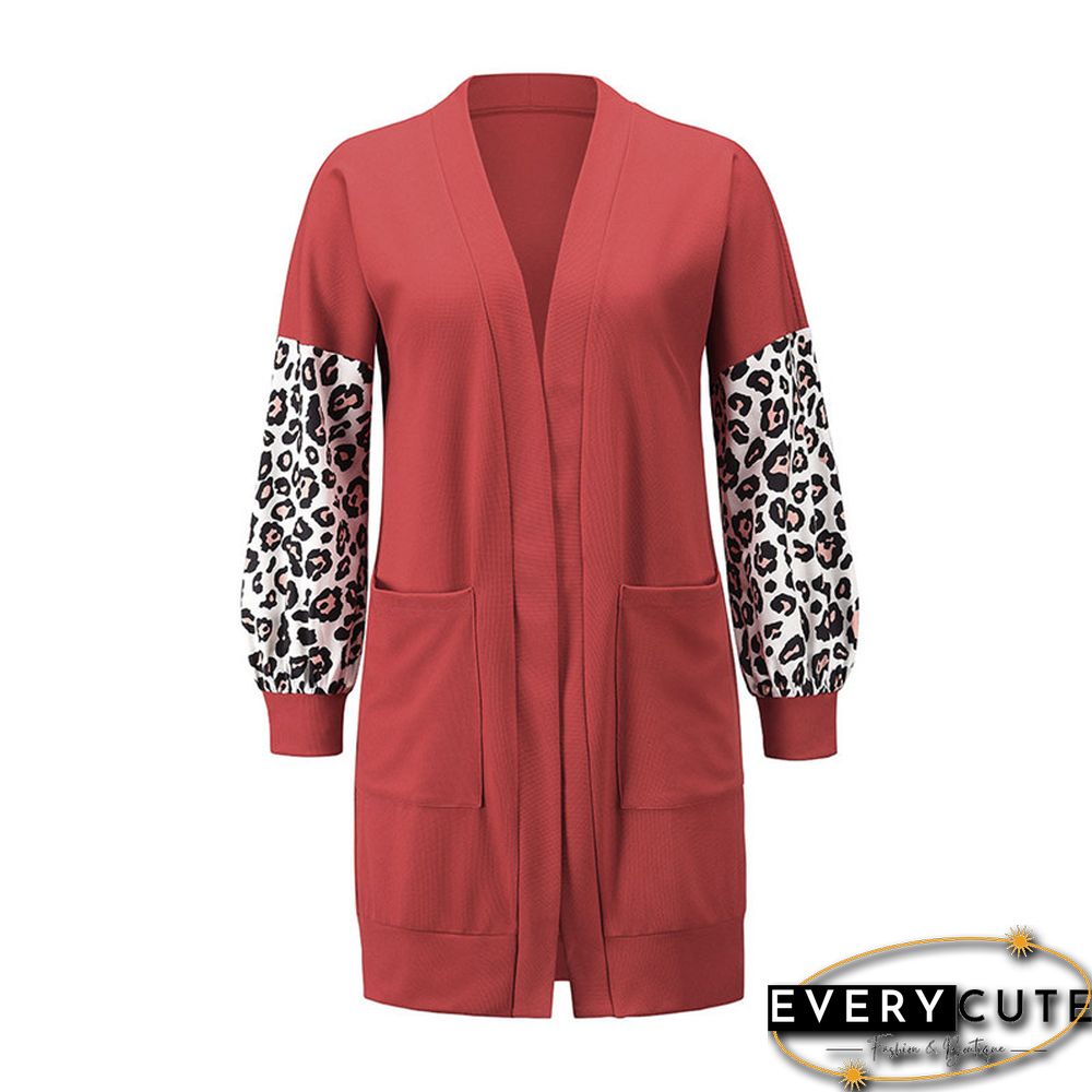 Red Splice Leopard Long Sleeve Pocketed Cardigan