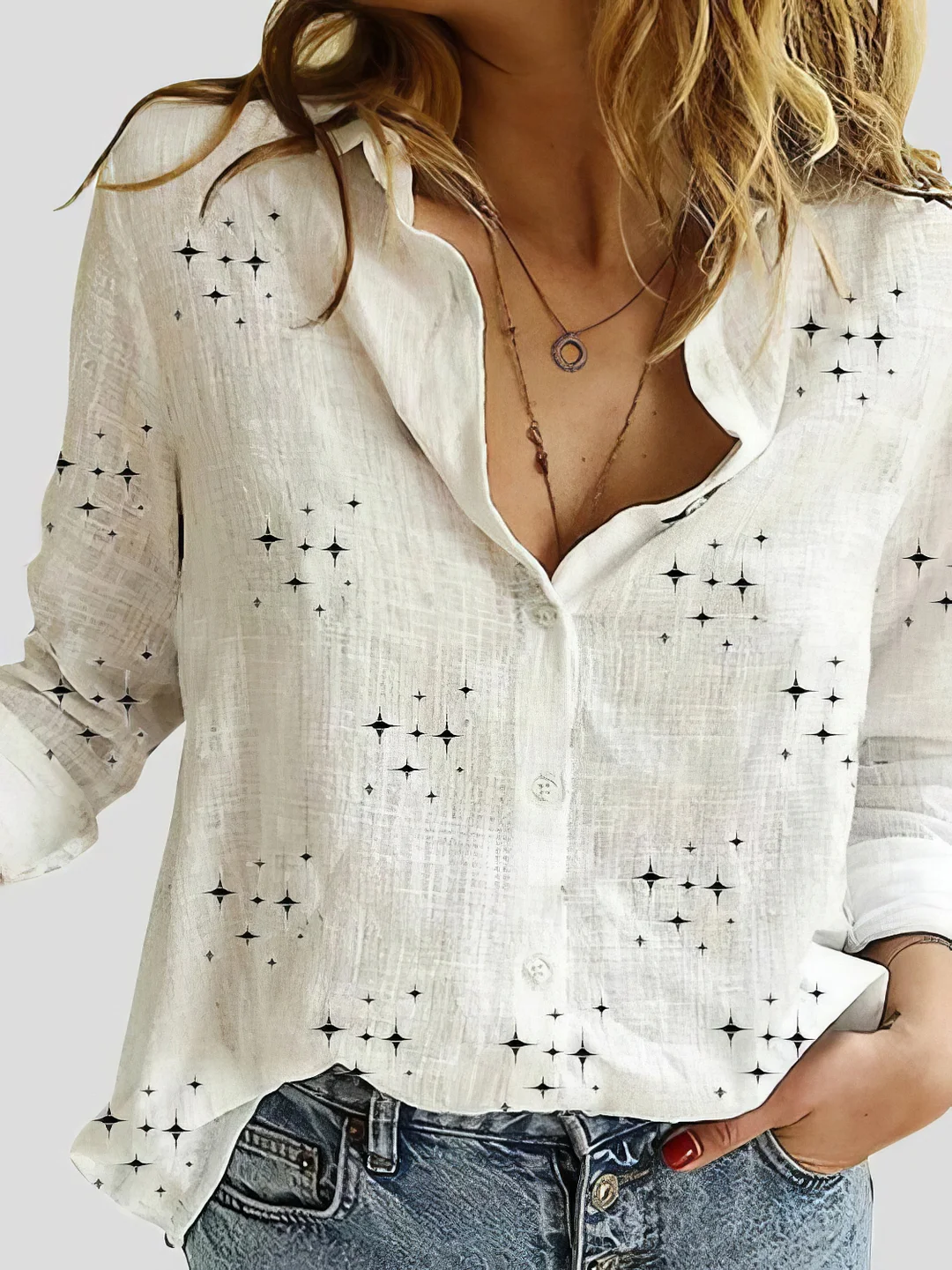 Women's Star Print Button Long Sleeve Blouses