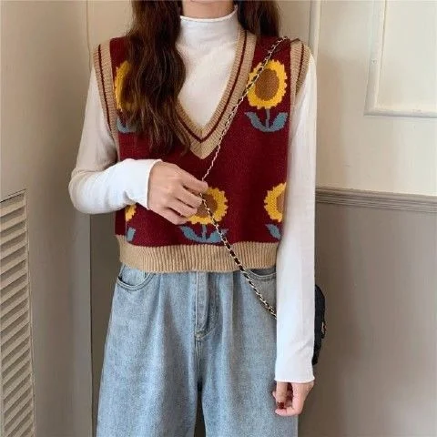 Floral Panelled Sweater Vests Women Vintage Mori-girls V-neck Jacquard Sleeveless Jumpers Chic Students Stylish Casual Outwear