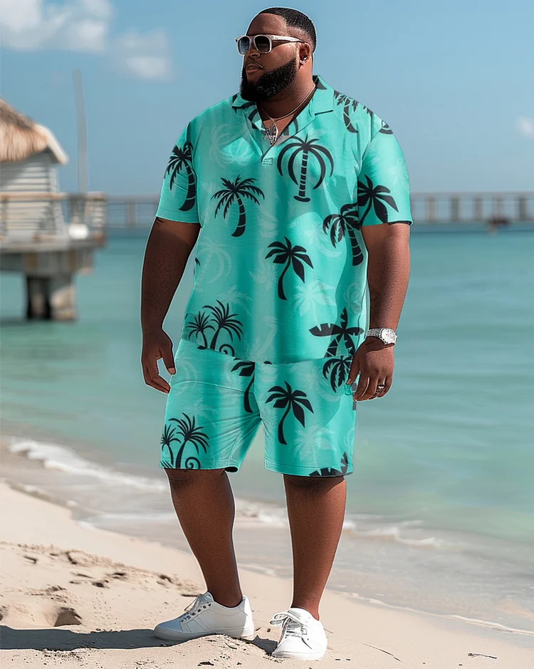 Hawaiian Coconut Leaf Pattern Colorblock Shorts Men's Plus Size Set