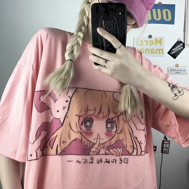 anime girl image print women tops tshirts Korean style t-shirts summer sweet fashion t shirts  preppy couple clothes o-neck tee
