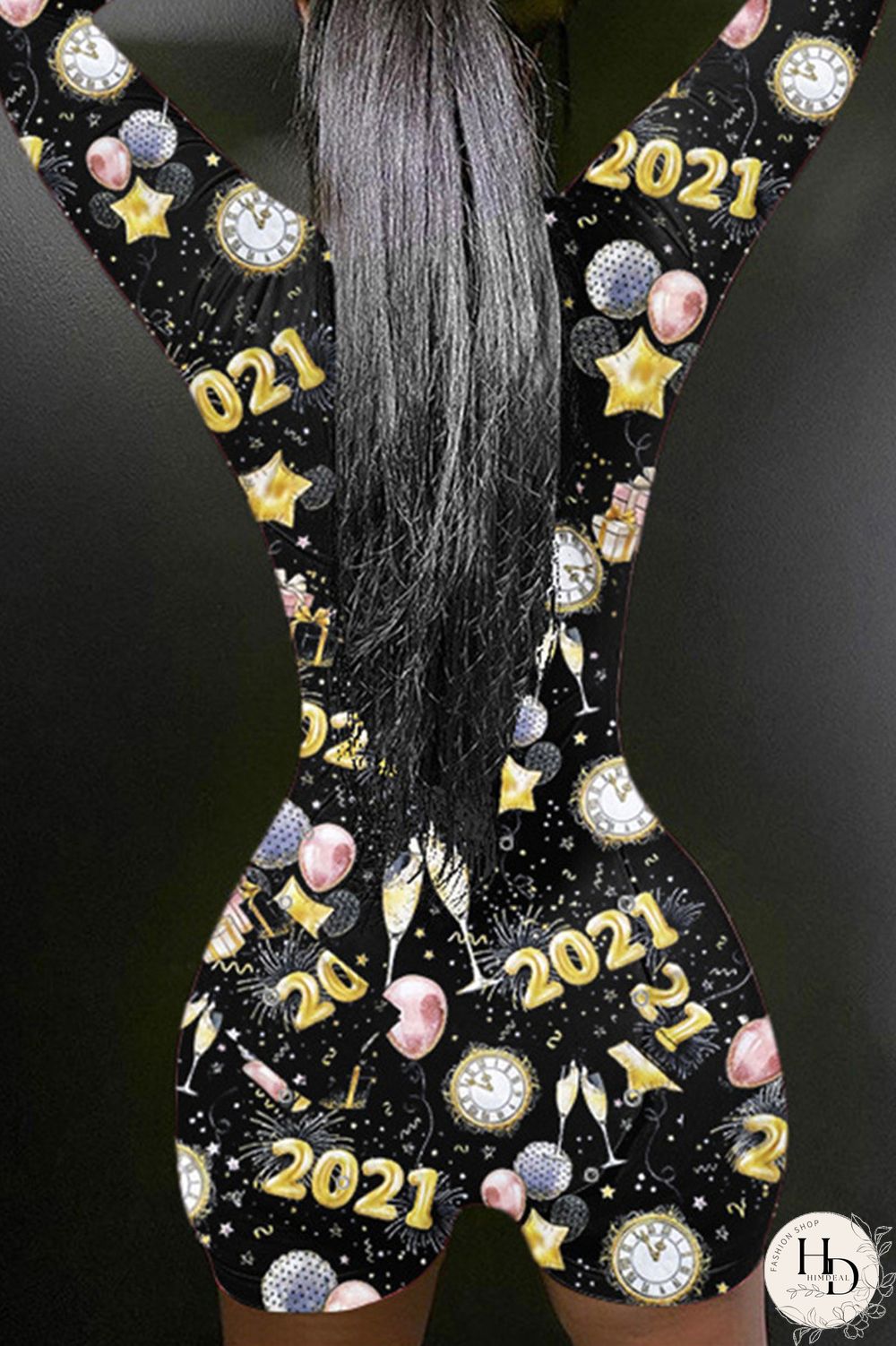 Black Gold Casual Living Print Basic V Neck Skinny Romper