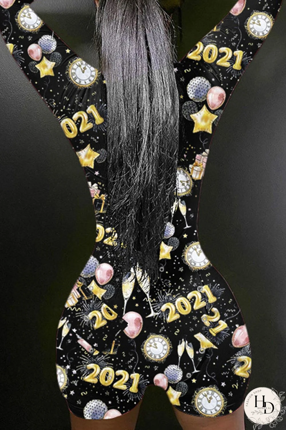 Black Gold Casual Living Print Basic V Neck Skinny Romper