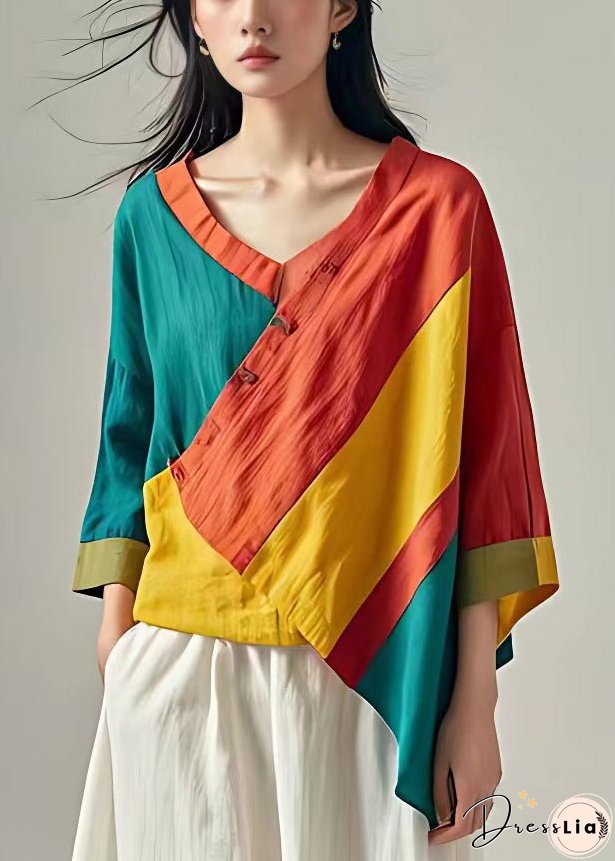 Unique Orange Asymmetrical Patchwork Cotton Shirt