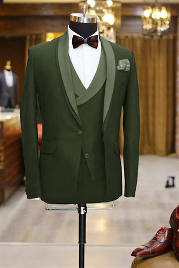 Daisda Fashion Slim Fit  3 Pieces Men Prom Dress Suits Olive Green Shawl Lapel Tuxedo