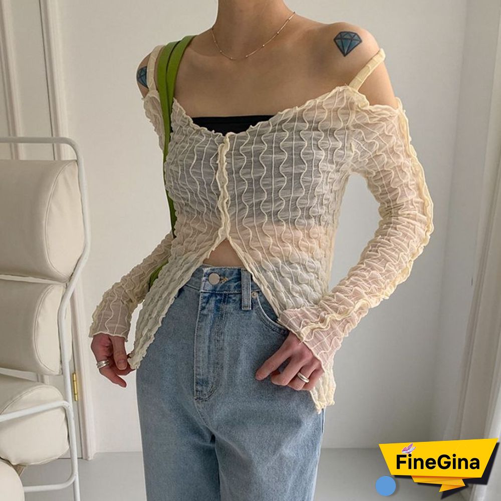 Y2K Fairycore Aesthetics Open Shoulder Zipper Slit Tops E-girl Fashion Sexy Wave Ruffles Long Sleeve T-shirt Transparent