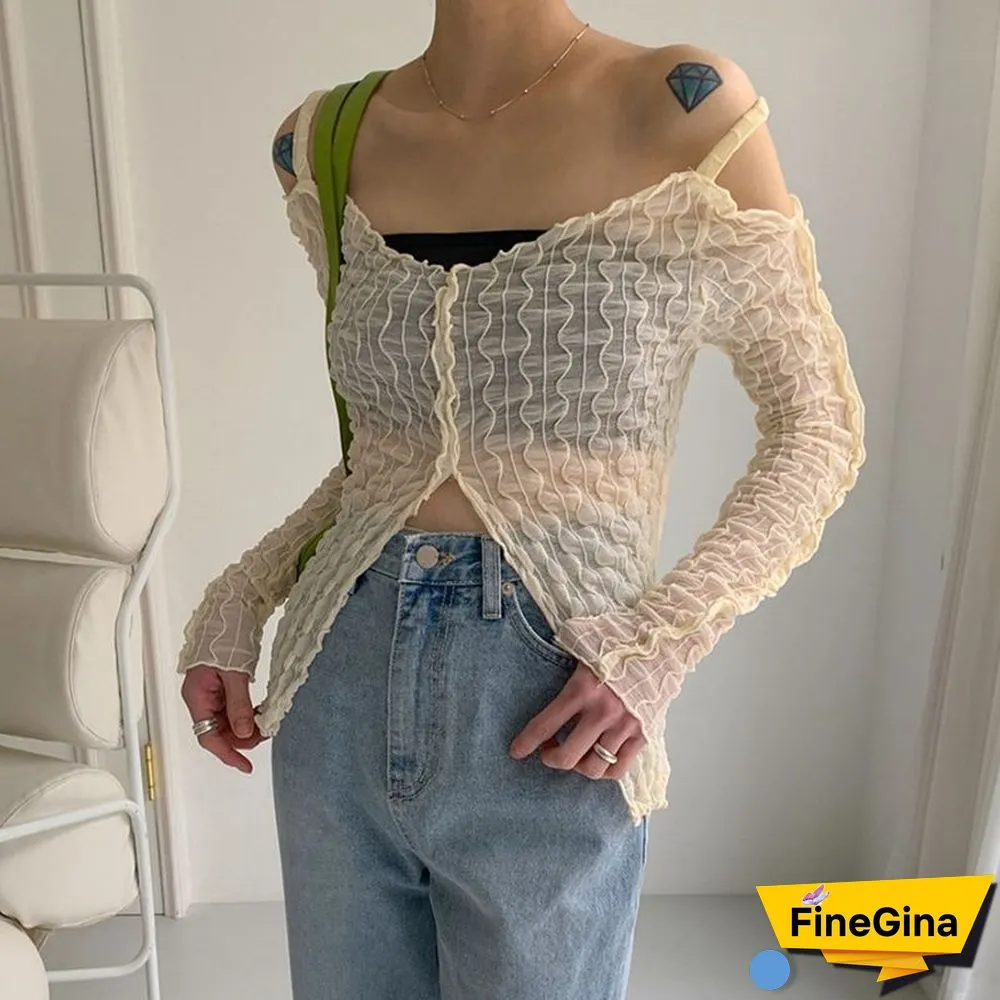 Y2K Fairycore Aesthetics Open Shoulder Zipper Slit Tops E-girl Fashion Sexy Wave Ruffles Long Sleeve T-shirt Transparent