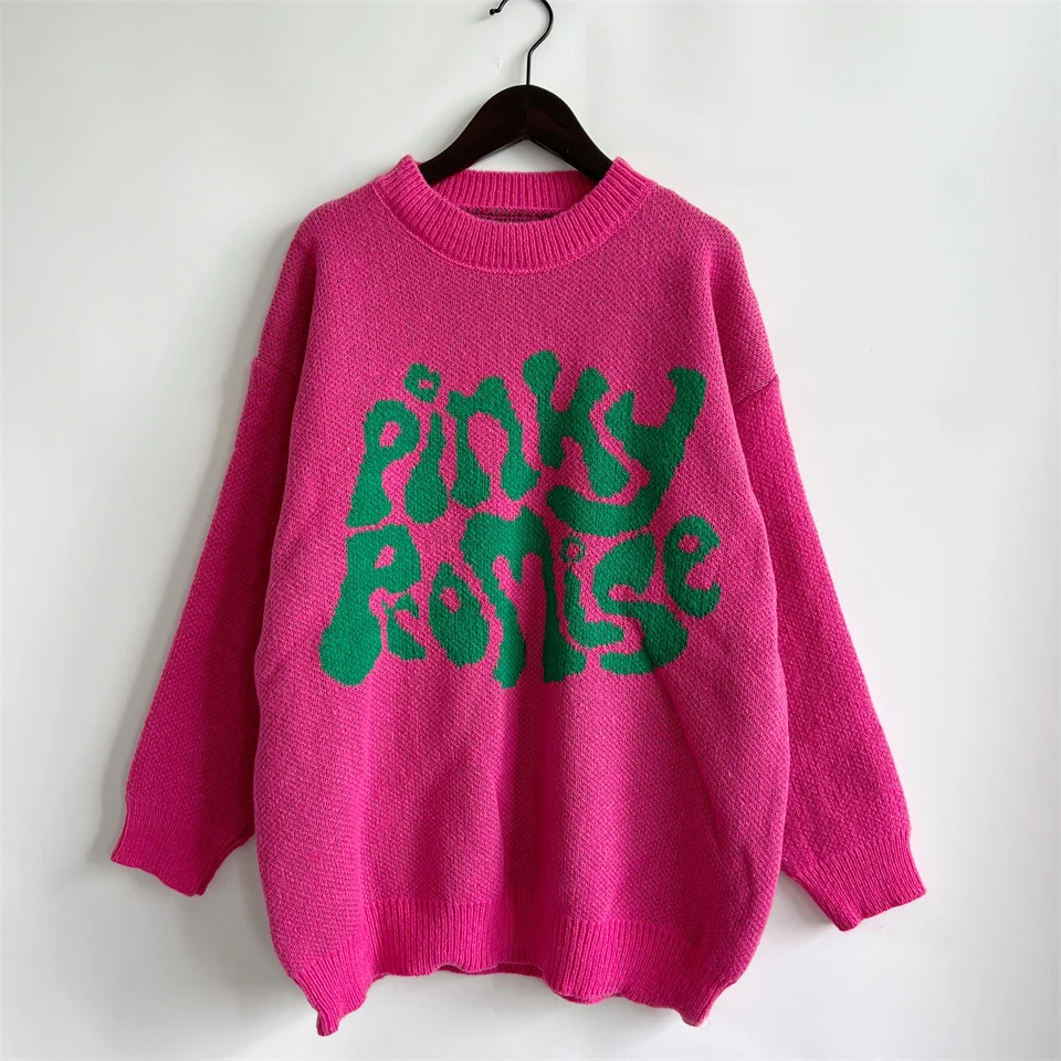 Casual Loose Letter Jacquard Round Neck Knit Pullover Sweater