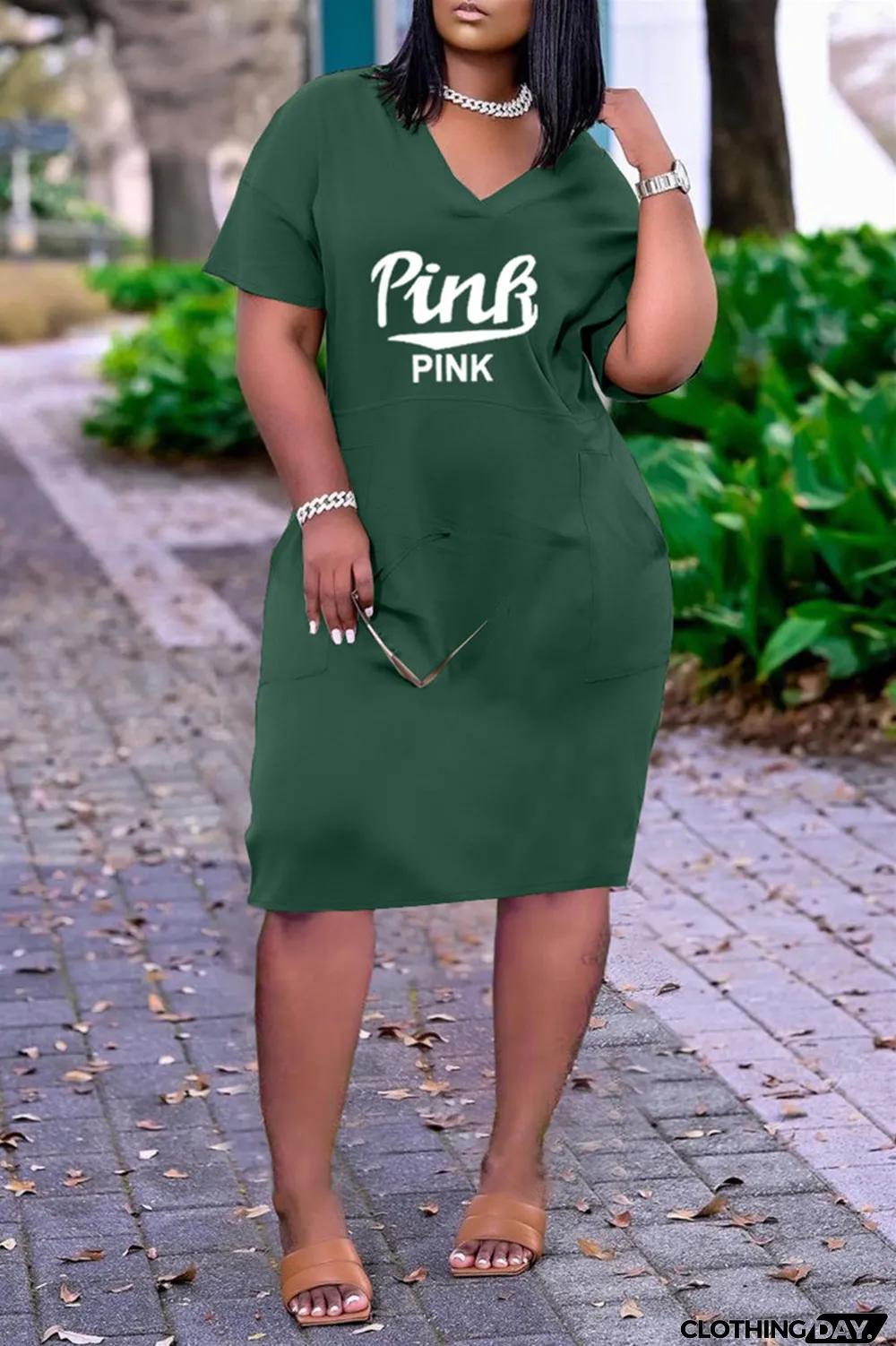 Red Fashion Casual Letter Print Basic V Neck Short Sleeve Dress Dresses