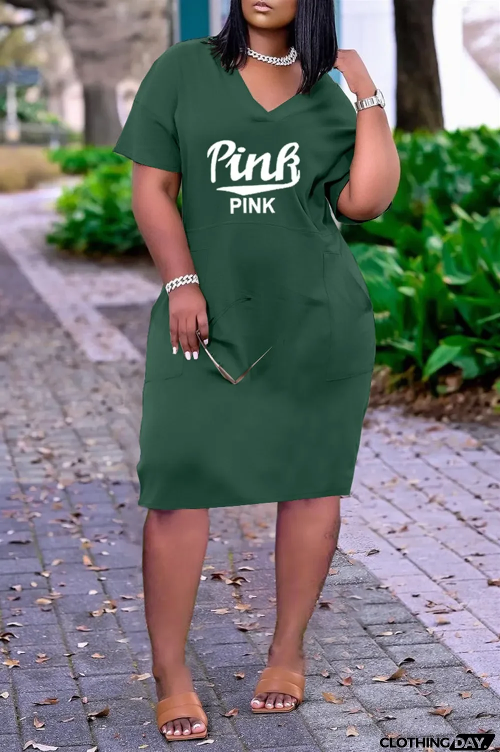 Red Fashion Casual Letter Print Basic V Neck Short Sleeve Dress Dresses