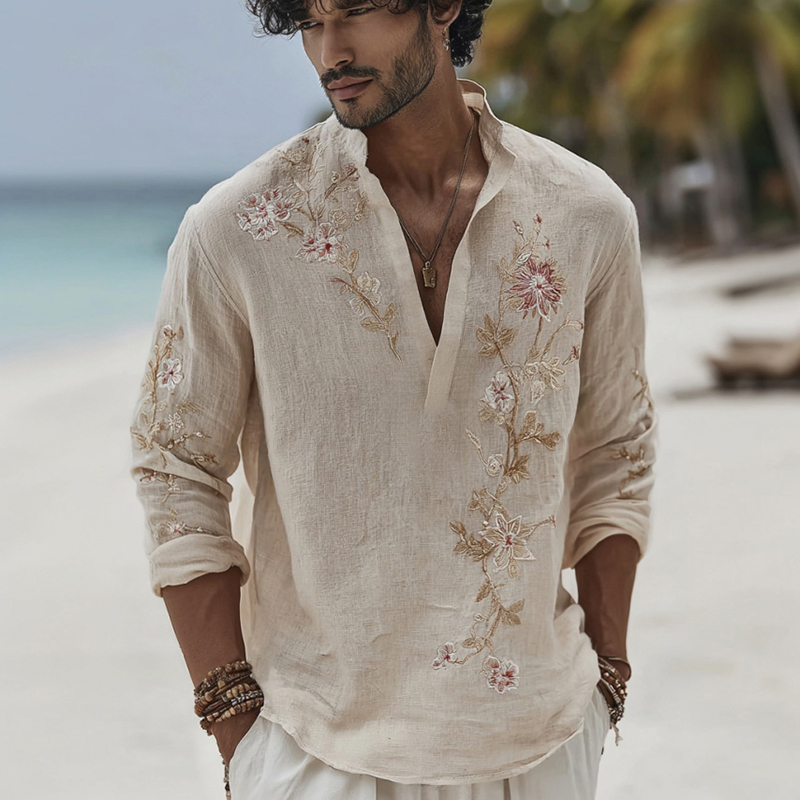 Men's Retro Floral Embroidered Casual Shirt  artssus