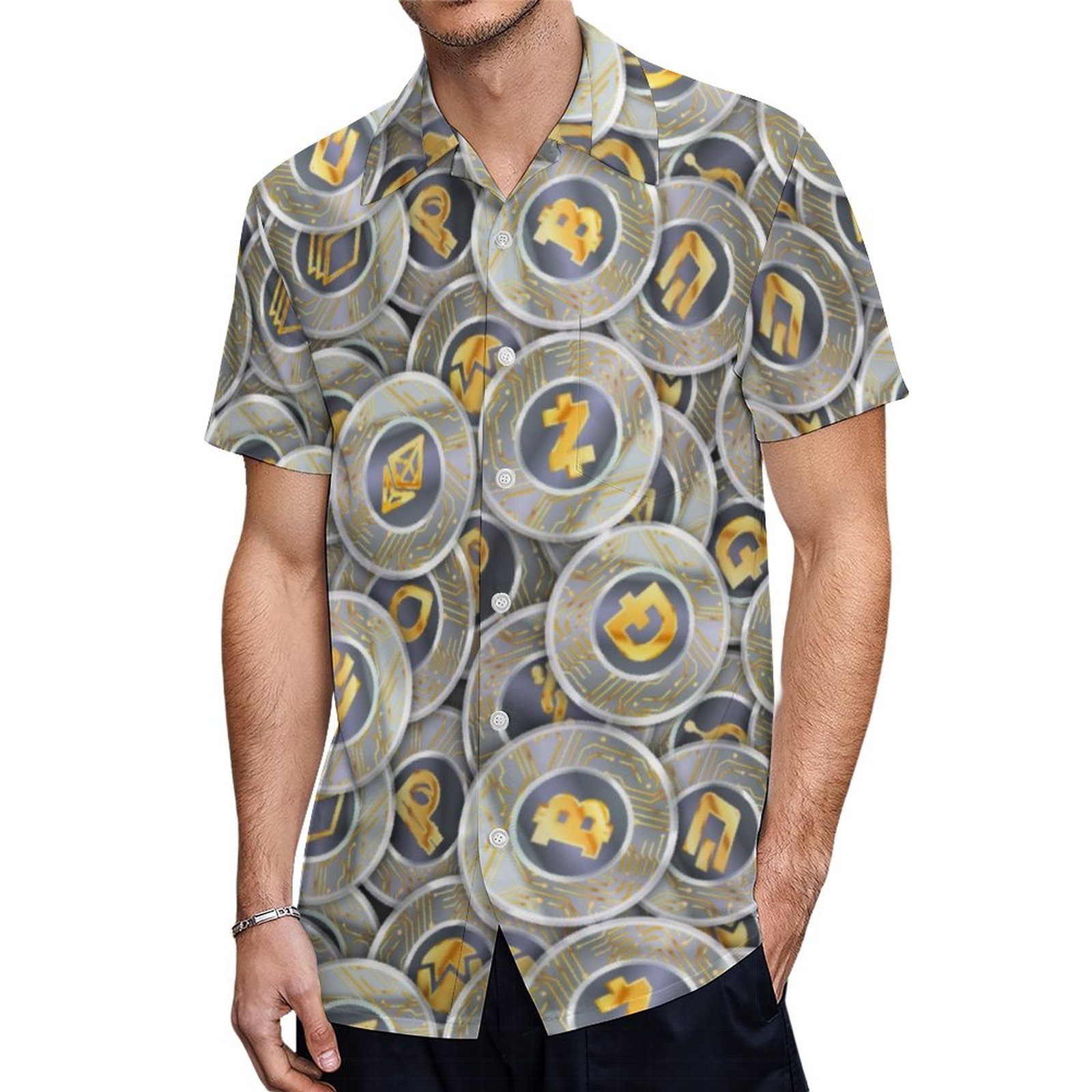 Cryptocurrency Modern Grey Gold Coin Pattern Hawaiian Shirt Mens Button Down Tropical Hawaii Beach Shirts