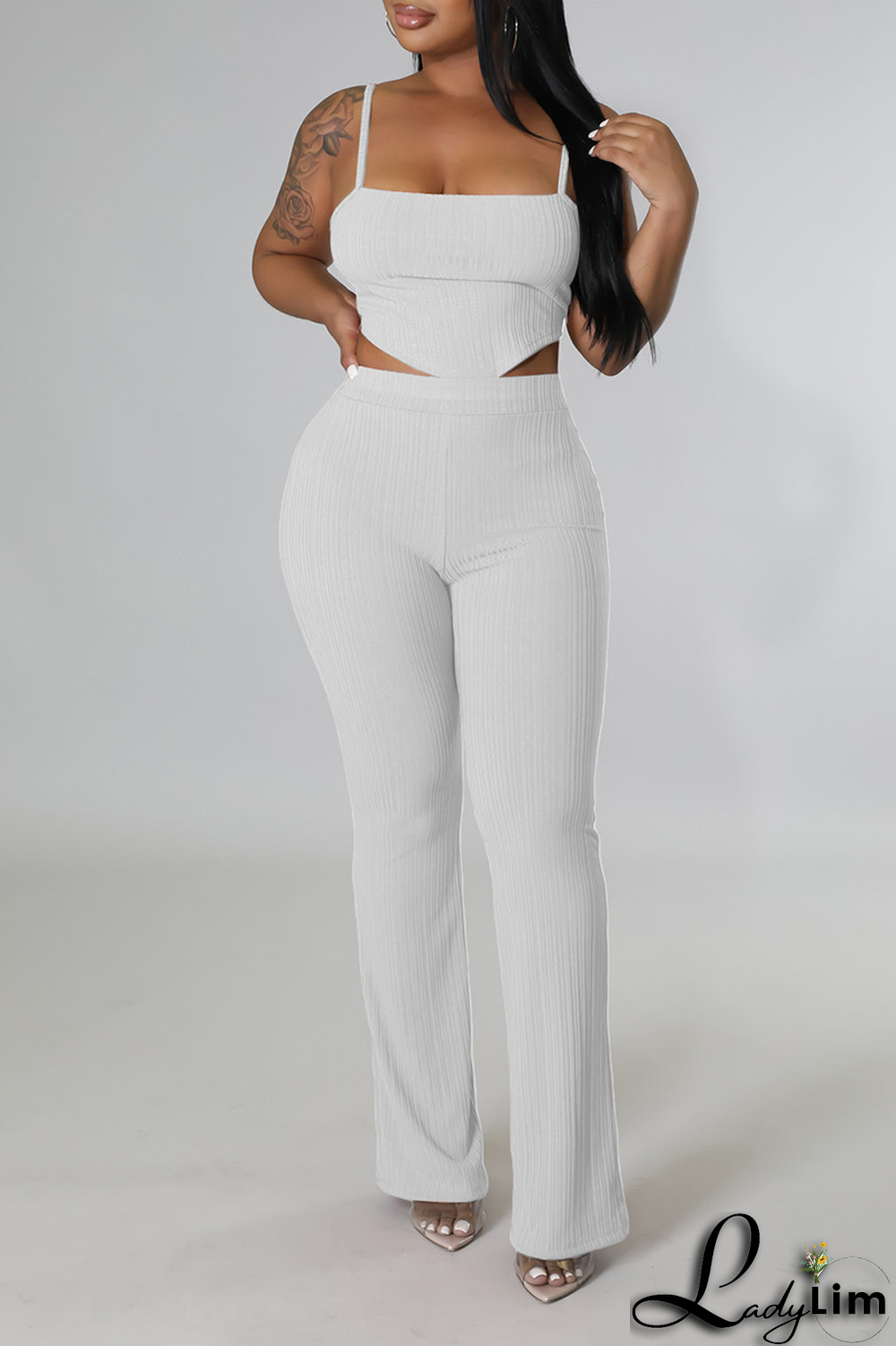 White Fashion Solid Patchwork Spaghetti Strap Sleeveless Two Pieces