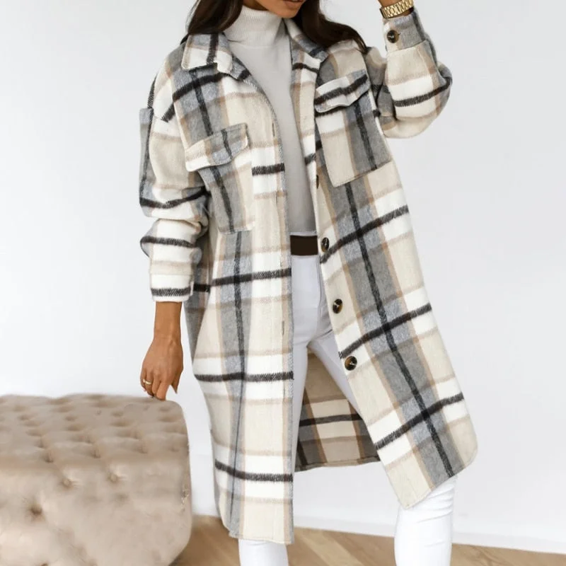 Winter Checked Jackets Coats Women Fashion Casual Oversized Turn Down Collar Long Outwear Thick Warm Woolen Blends Overcoats
