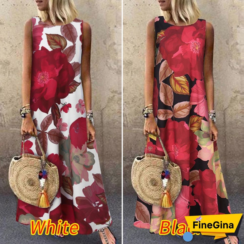 Women Loose Holiday Sleeveless Long Shirt Dress Crew Neck Floral Printed Beach Maxi Sundress Plus