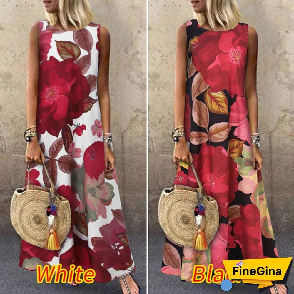 Women Loose Holiday Sleeveless Long Shirt Dress Crew Neck Floral Printed Beach Maxi Sundress Plus