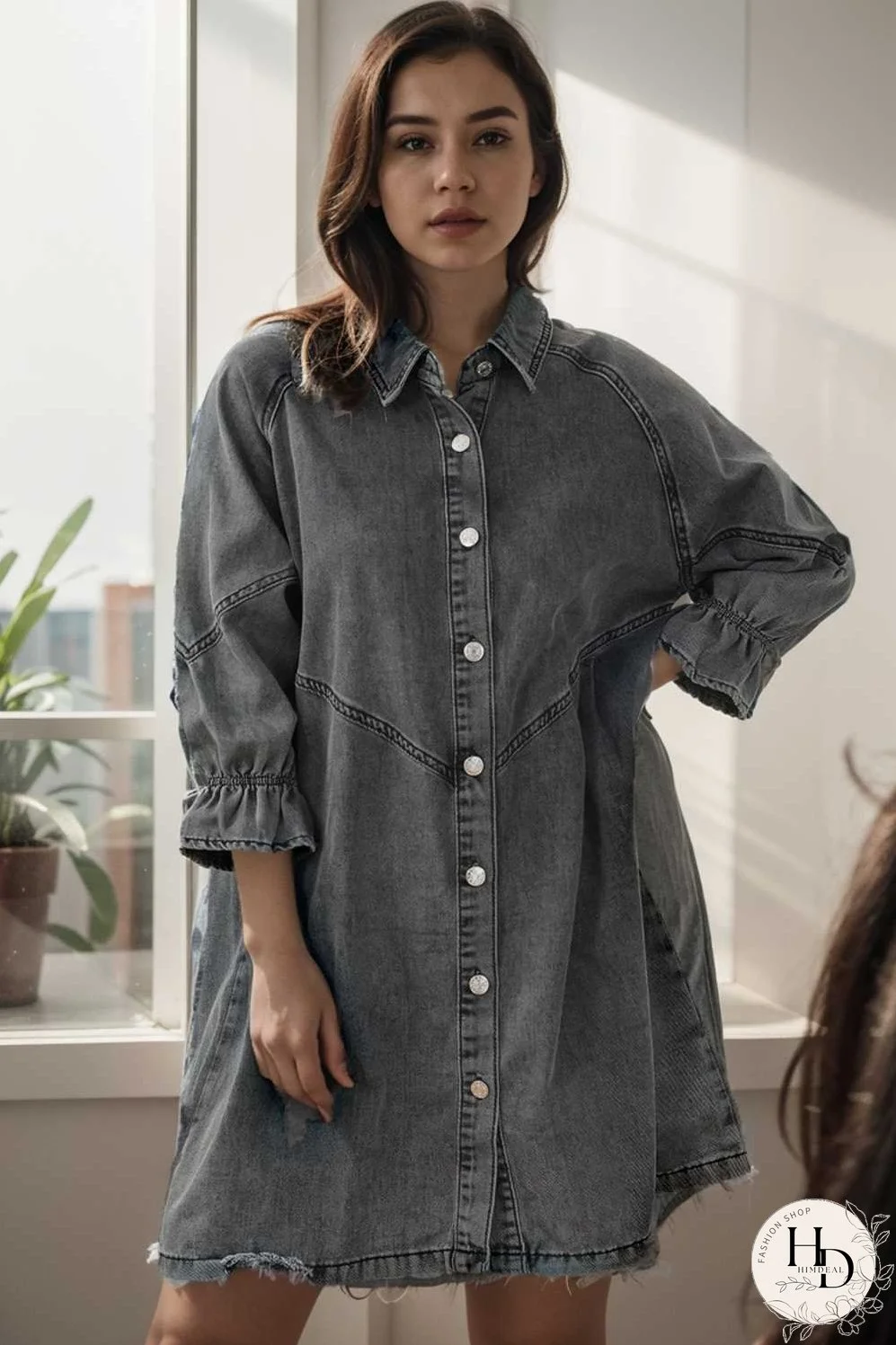 down loose short sleeve denim jean dress drop shoulder a line paneled peasant closed bateau v neck dress