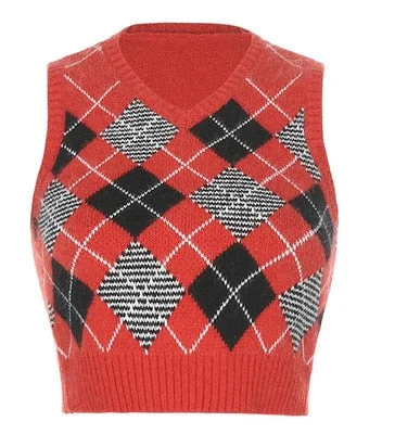 E-girl Neck Vintage Argyle Sweater Vest Women Sleeveless Plaid Knitted Y2k Crop Streetwear Casual T-shirts Preppy Style Tops Tee