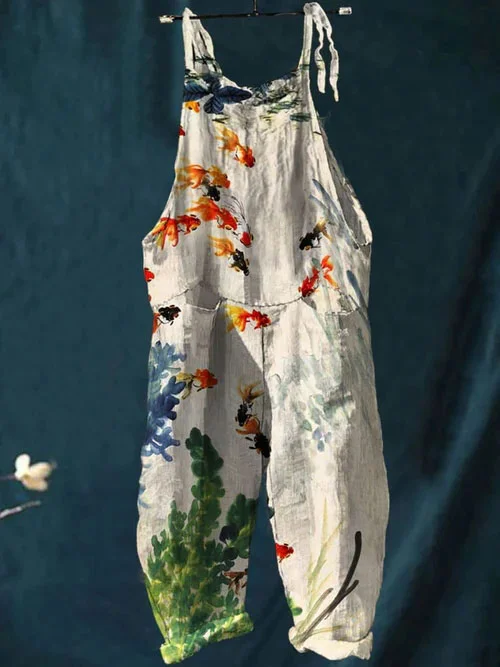 Women's Fish Art Casual 100% Cotton Wide Leg Jumpsuit