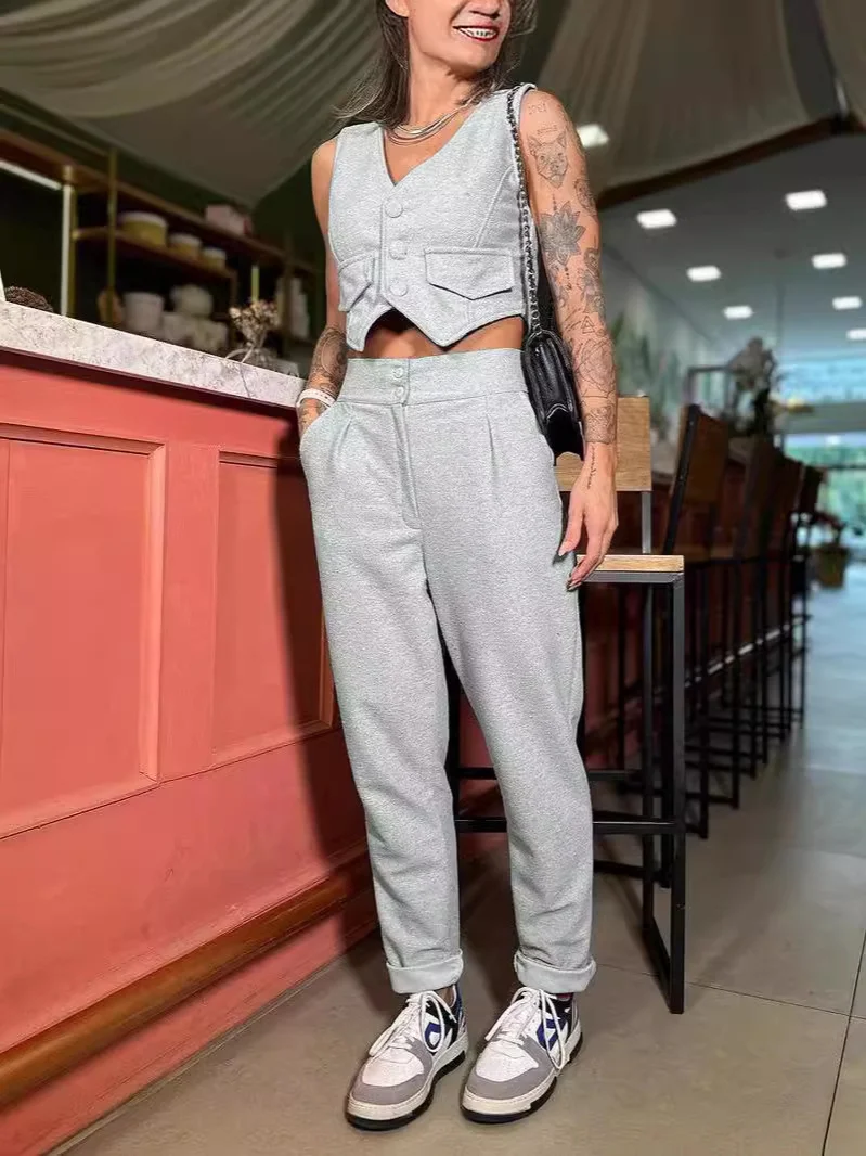 Uveng Uveng New Women's Wear Temperament Pure Color Sleeveless Vest Suit Casual Pants Two-Piece Suit