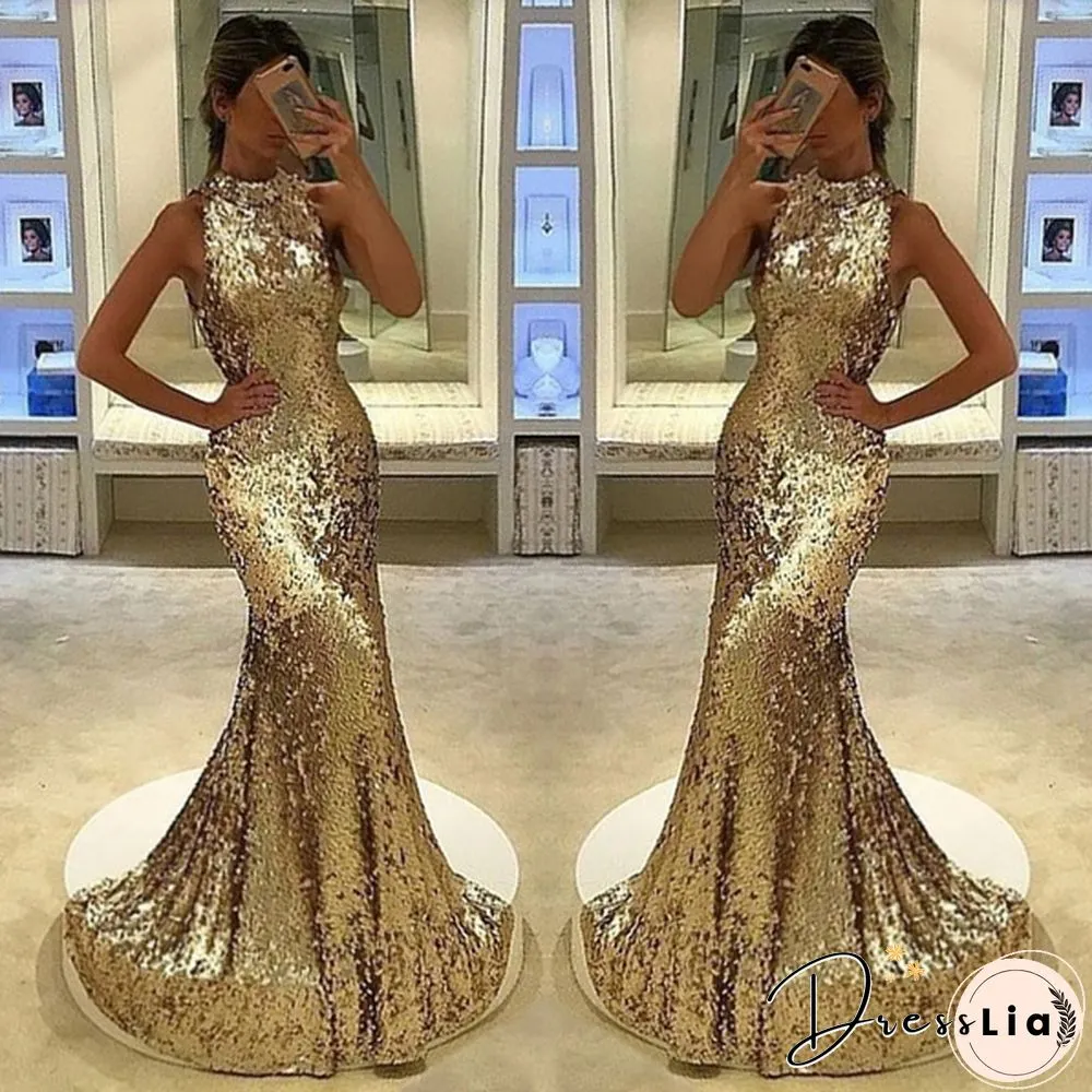 Womens Sleeveless Neck Sequin Party Prom Dress Shinny Slim Fit Fishtail Maxi Elegant