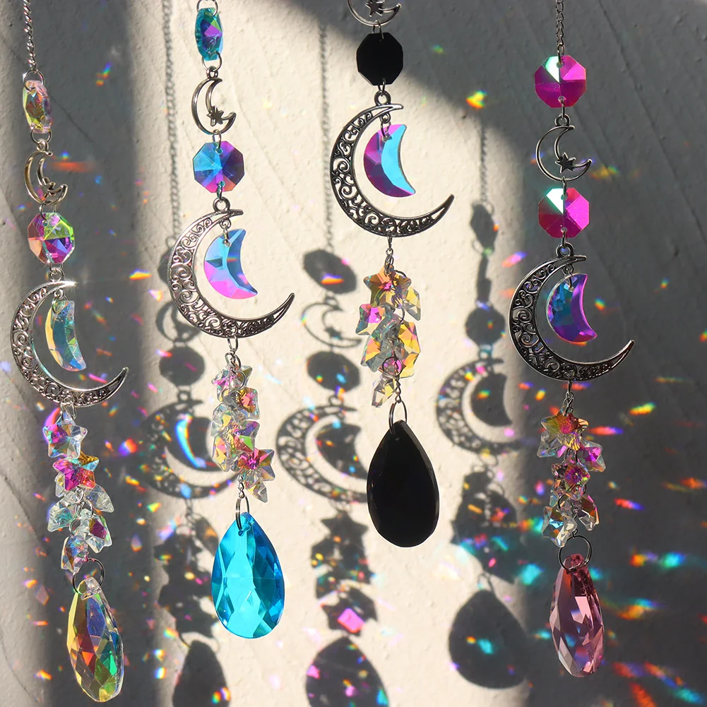 Crystal Diamond Wind Chimes Metal Hexagon Star Moon Hanging Ornaments Decor