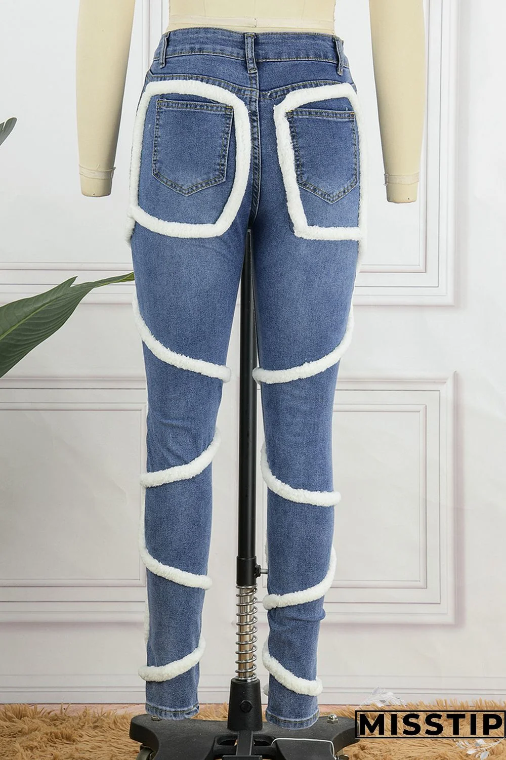 Light Blue Casual Solid Patchwork Mid Waist Regular Denim Jeans