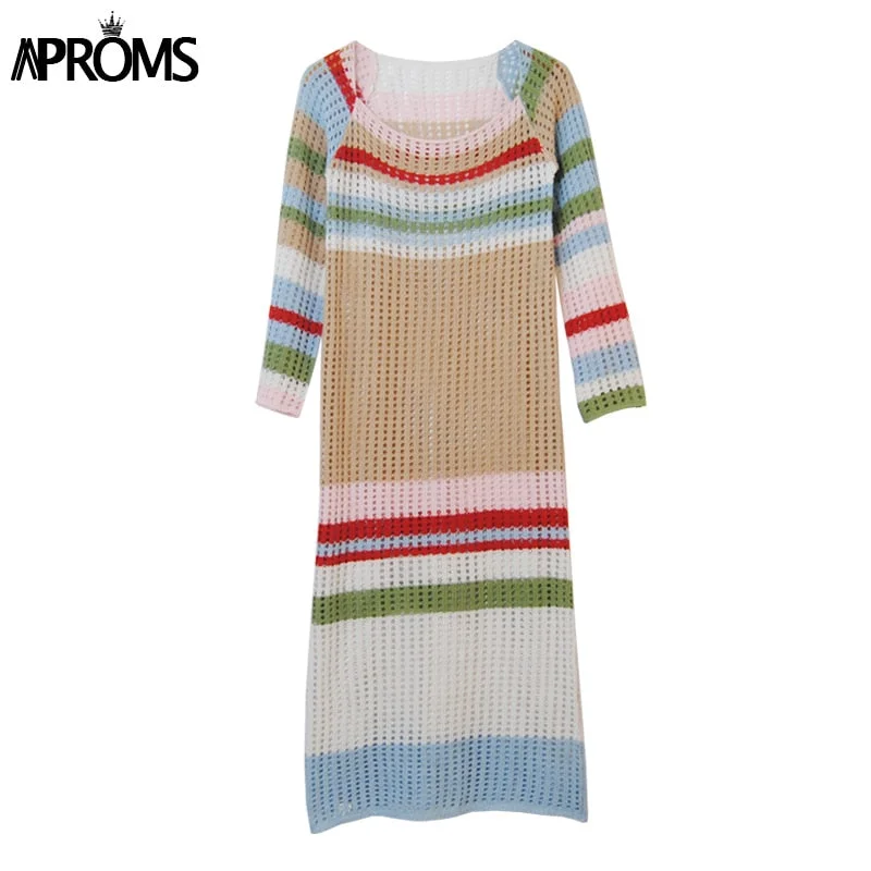 Aproms Boho Khaki Stripes Crochet Midi Dress for Women Summer Hollow Bodycon Long Dress Female Holiday Beach Bikini Coverup 2022