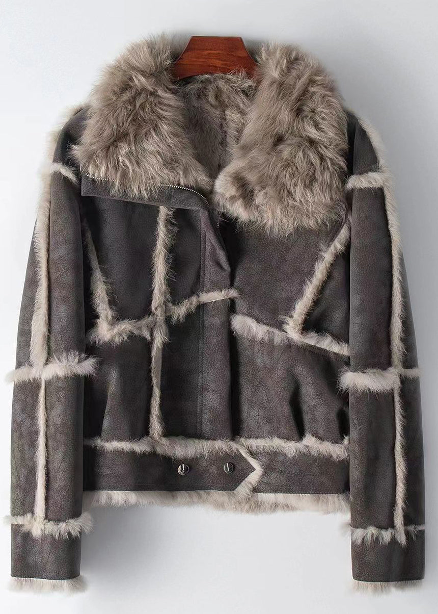 VCSHOES Dark Grey Zippered Patchwork Leather And Fur Coat Winter