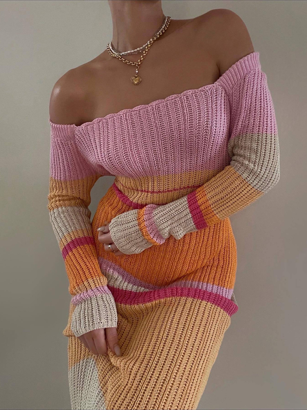 One-neck off-the-shoulder hollow beach long-sleeved knitted striped dress for women