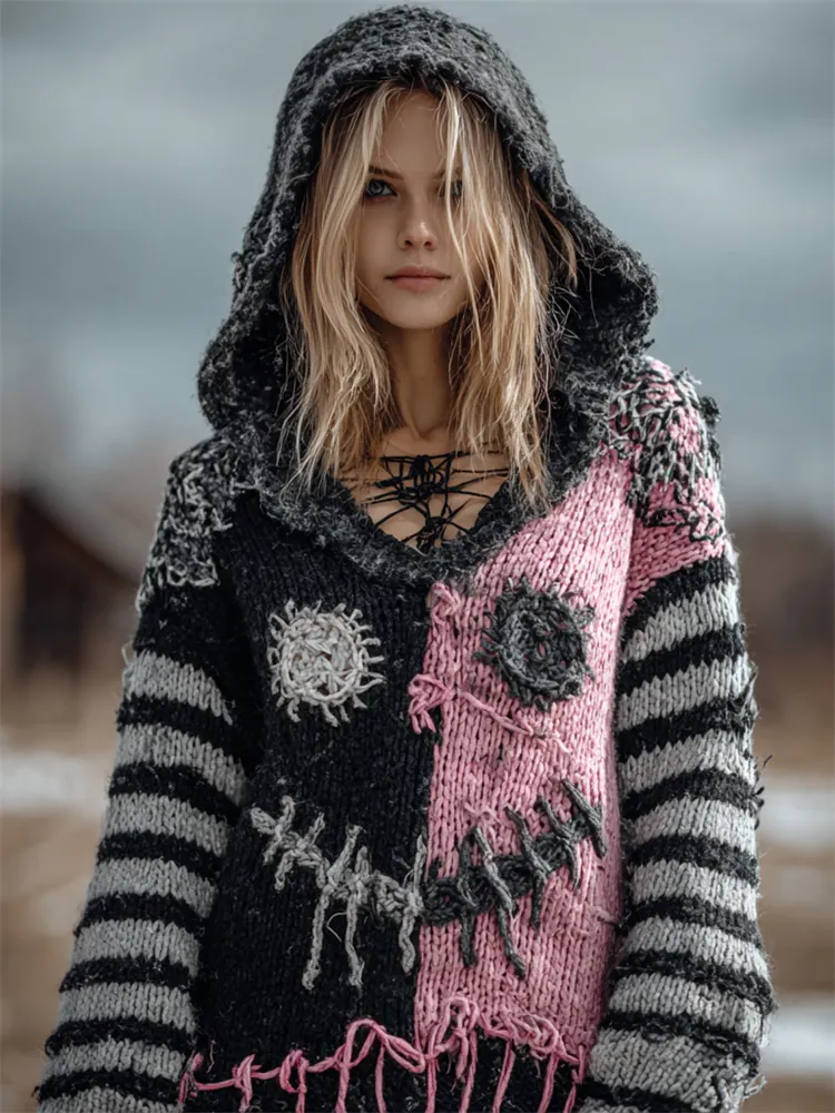 Halloween Spooky Face Contrast Color Knit Hooded Sweater