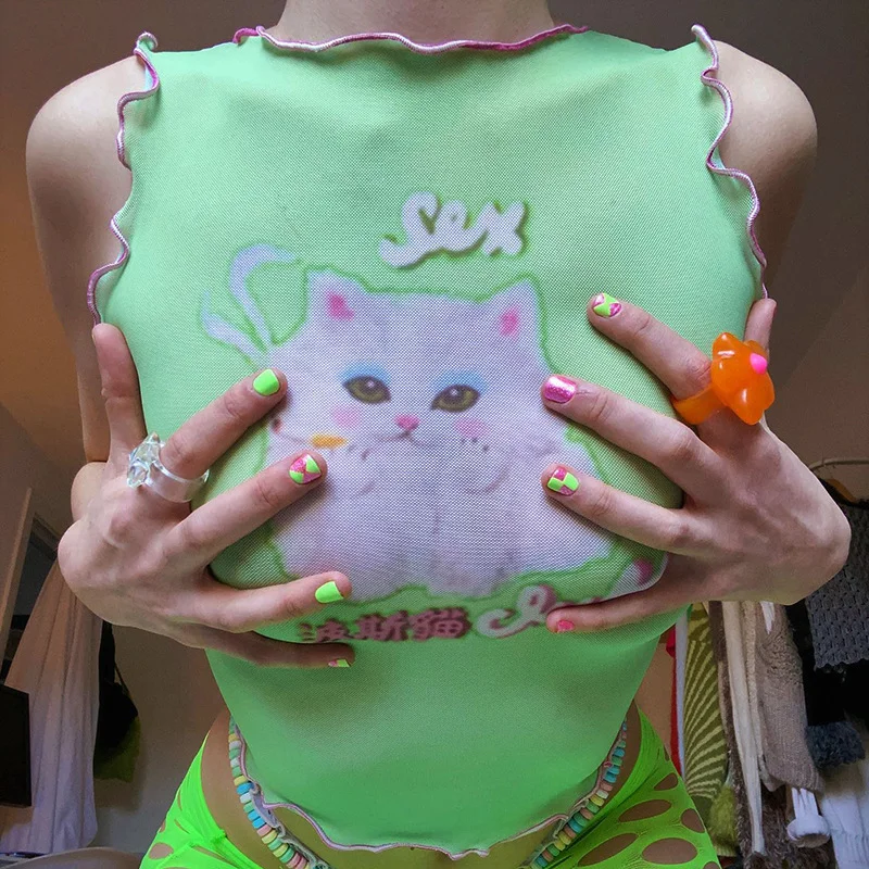 Zingj 2024 Summer New Round Collar Collar Collar Printing Sleeveless Wood Ear Exposed Umbilical Women's Top Vest