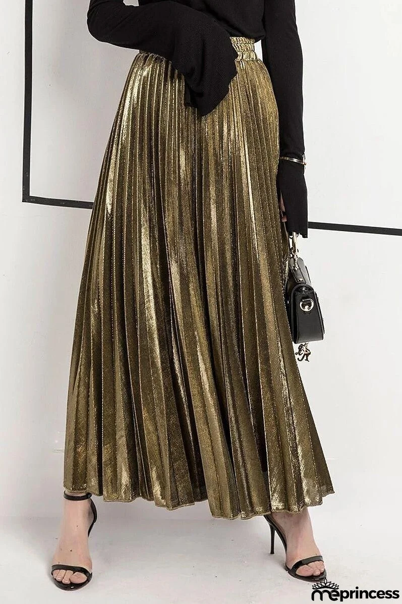 Women's Skirt Maxi Pleated Swing Long Skirt Silver Gold Skirts Shiny Metallic Shimmery Fashion Casual Daily S M L