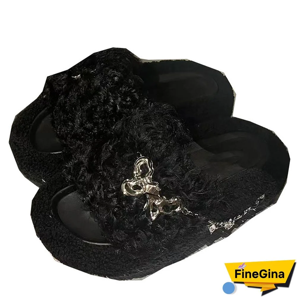 Women's Casual Solid Color Butterfly Open Toe Flat Sole Plush Slippers