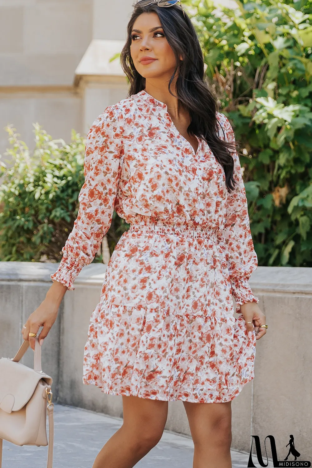 MidiSono - Red Shirred High Waist Floral Mini Dress