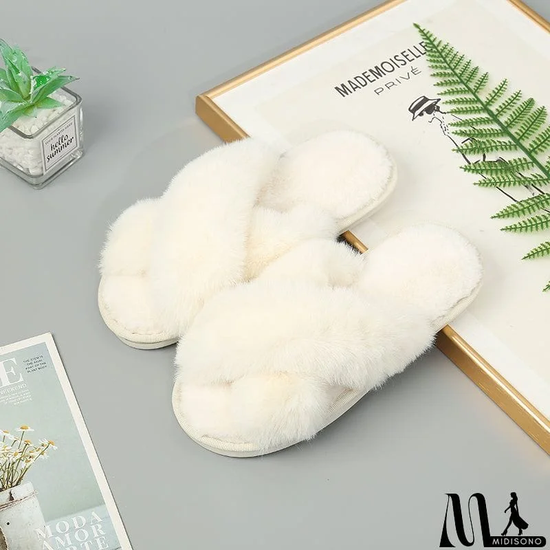 MidiSono - Faux Fur Crisscross Strap Slippers