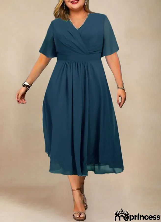 Women Fashion Plus Size Solid Color V-Neck Creased Short Sleeve Dress