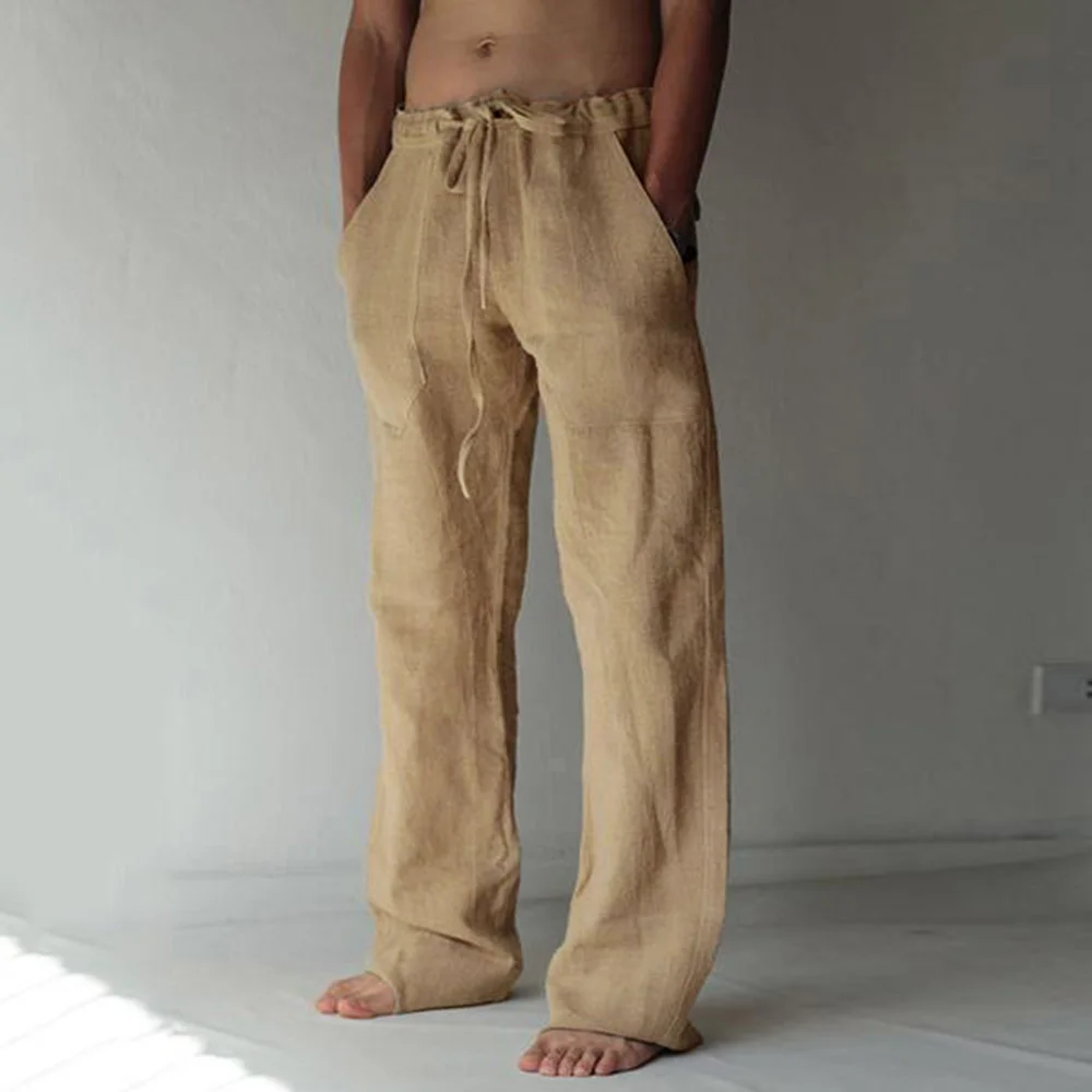 Straight Loose Casual Cotton Trousers for Men(Light Khaki)