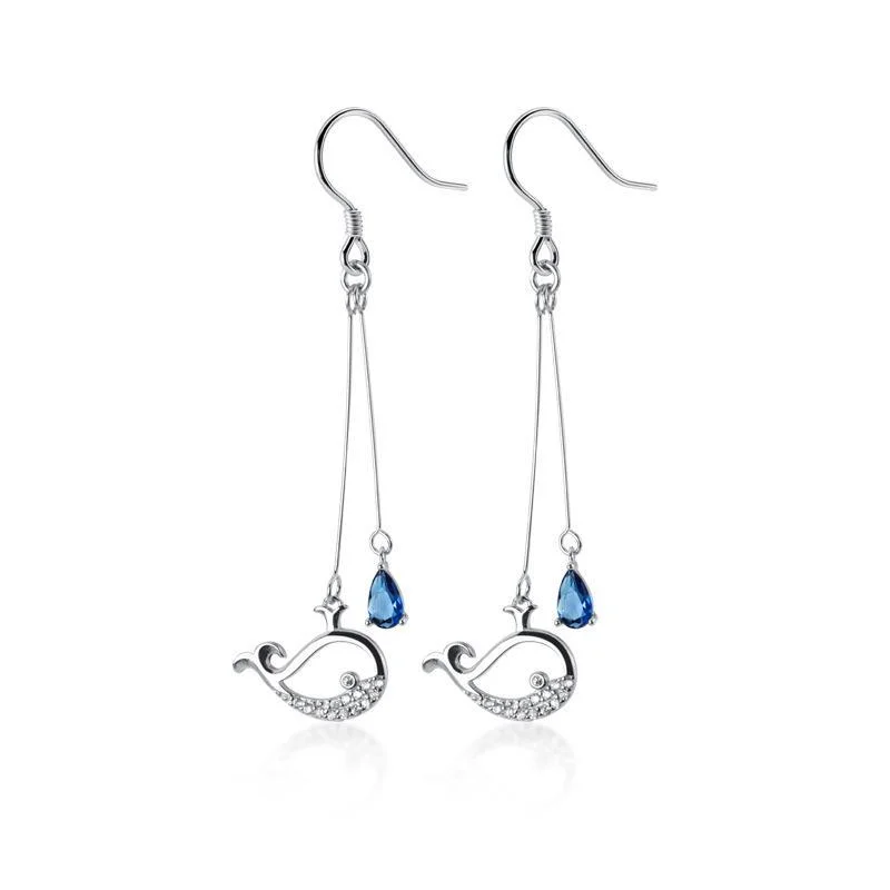 925 Sterling Silver Whale Blue Teardrop Diamond Earrings