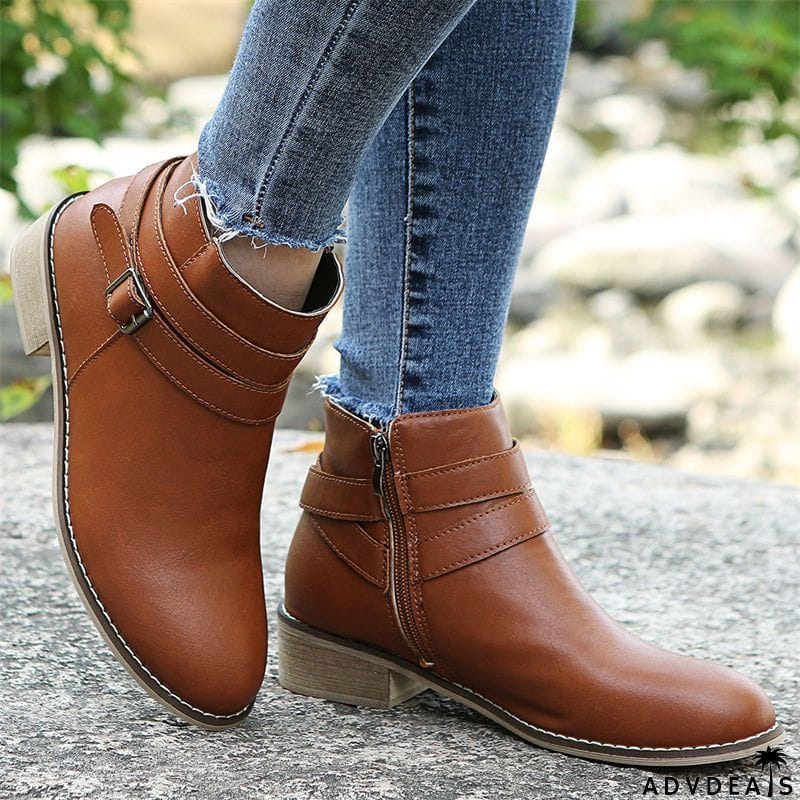 British Style Side Zipper Chunky Heels Metal Buckle Ankle Boots