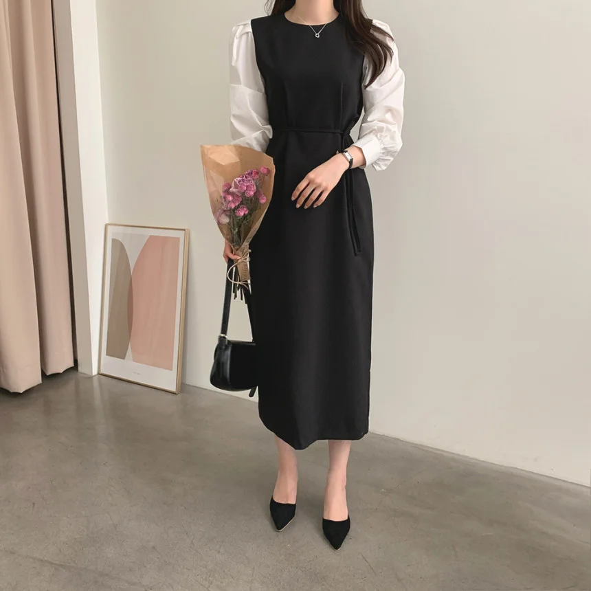 Toloer Toloer Korean Chic French Temperament Color Splicing Sleeve Women's Skirt Autumn Bubble Sleeve Waist With Round Collar Dress-Outfit Ideas