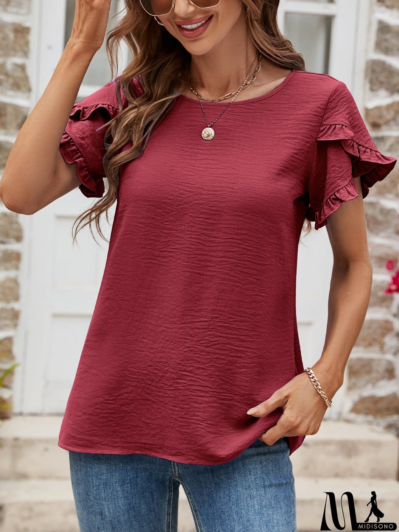 MidiSono - Textured Petal Sleeve Round Neck Tee