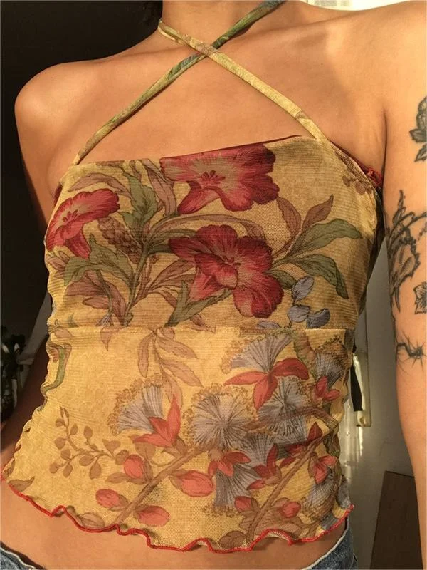 Brownm crop cami top with halter neck and floral print