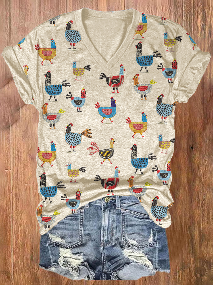 Comstylish Funny Farm Chicken Print V-neck Casual Cotton T-shirt