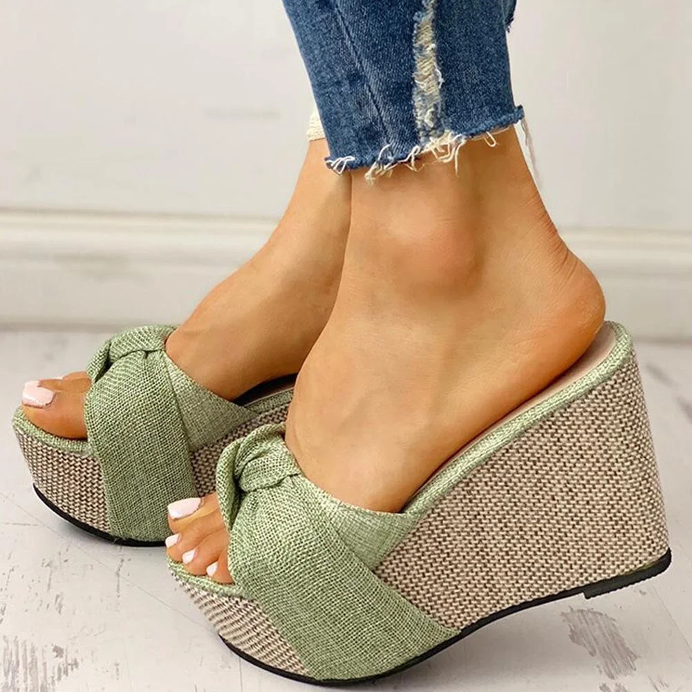 Bow Tied Slip On Leisure Platform Summer Sandals 2020 Wedges High Heels Women Shoes Woman Mules Flip Flops