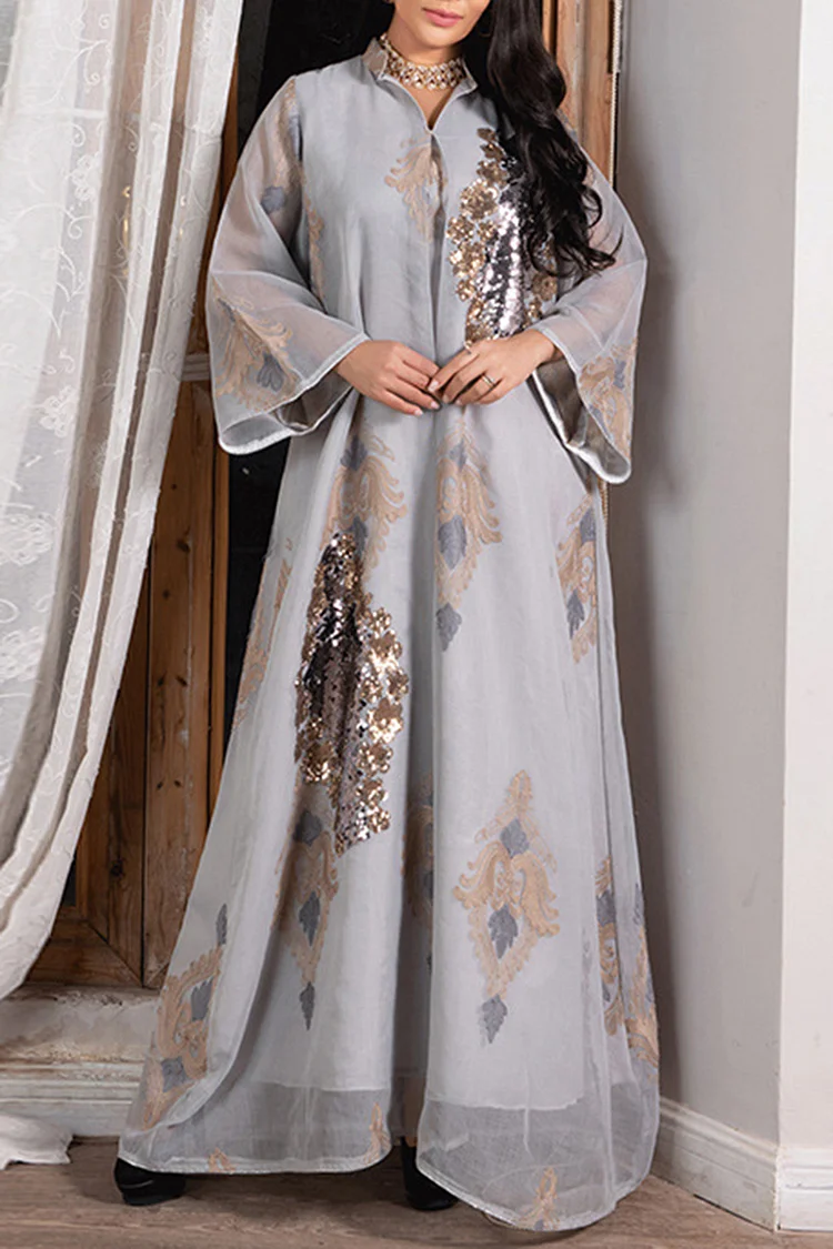 Sequins Embroidery Notched Collar Long Sleeve Kaftan Maxi Dresses