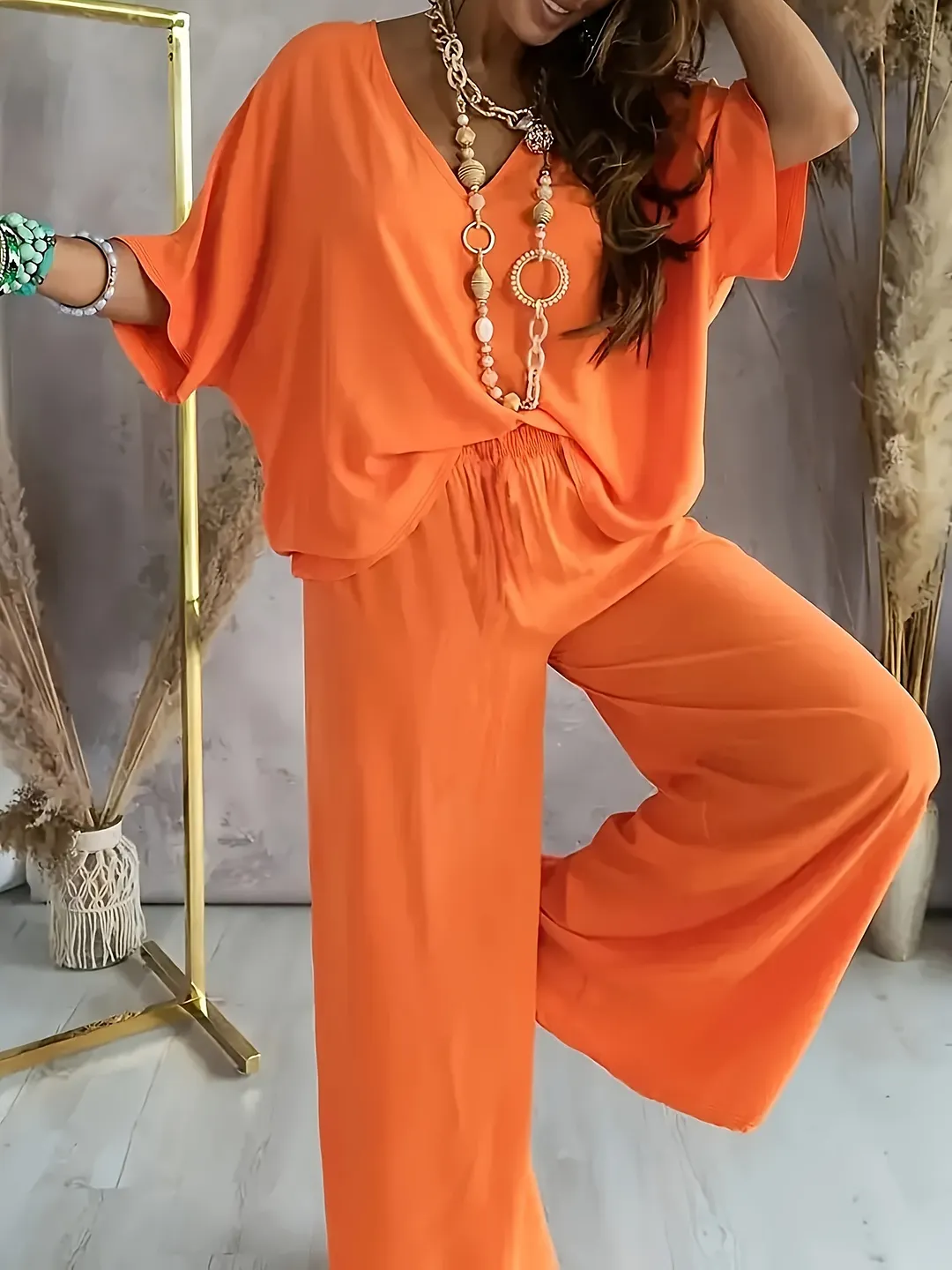 Churchf Churchf Standing V-Neck Bat Sleeve Top Sleeves Casual Trousers Set Stylish