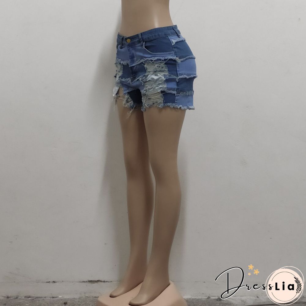 Summer Sexy Patchwork Women Ripped High Waist Holes Stretch Streetwear Plus Size Denim