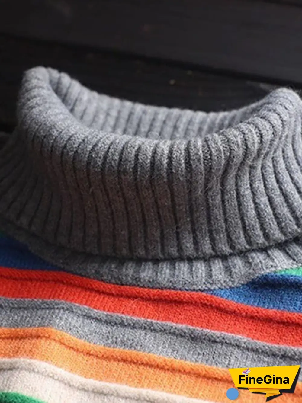 Women's Retro Colorful Striped Loose Lazy Style Turtleneck Knitted Sweater