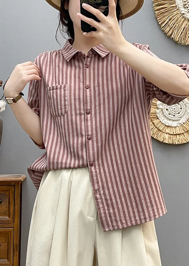 Italian Pink Oversized Striped Cotton Blouse Top Half Sleeve